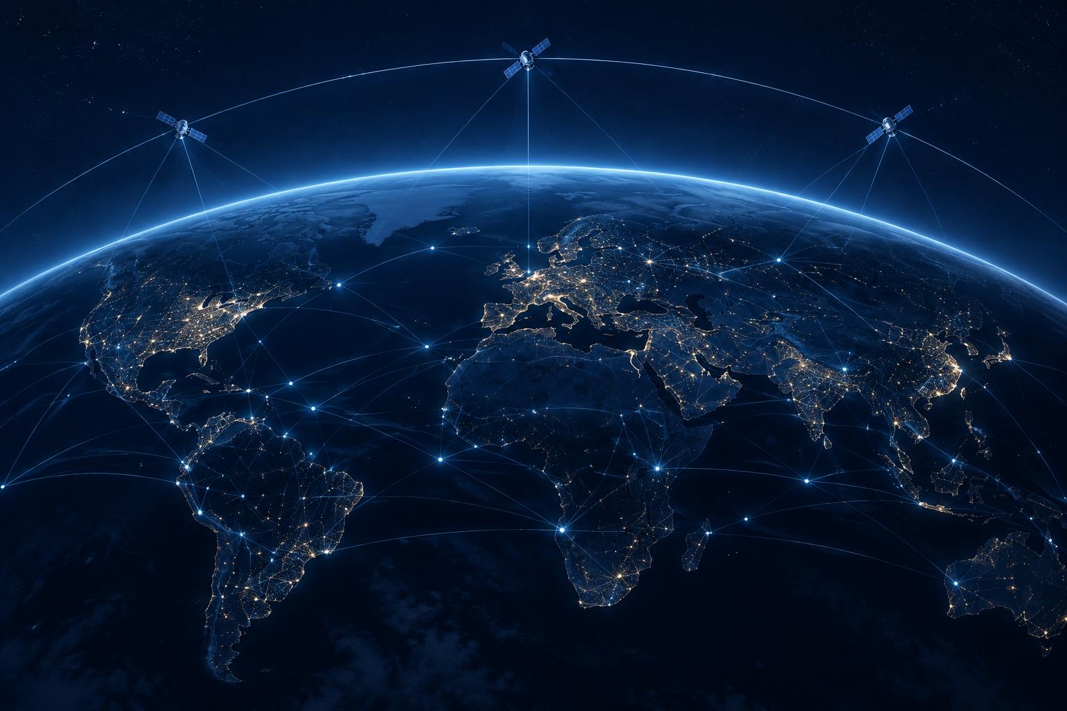 Earth seen from orbit with satellite links connecting terrestrial network nodes
